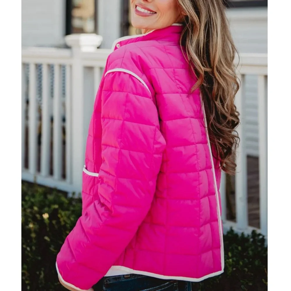 Katydid Hot Pink Quilted Jacket with White Accents‎ NWT